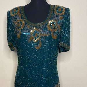 Laurence Kazar Green and Gold Sequin Beaded Knee Length Gown